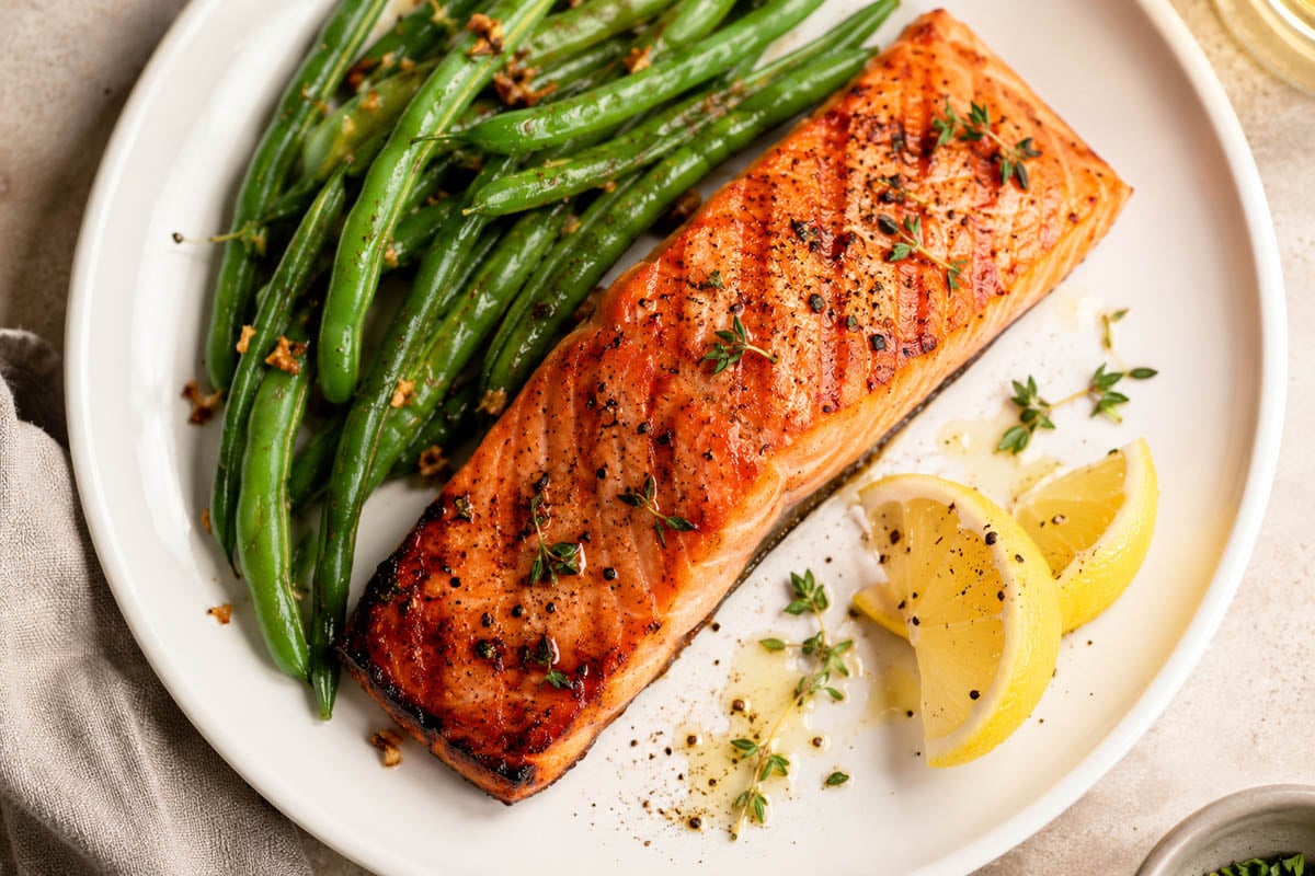 Grilled wild Alaskan salmon fillet served as a healthy family dinner