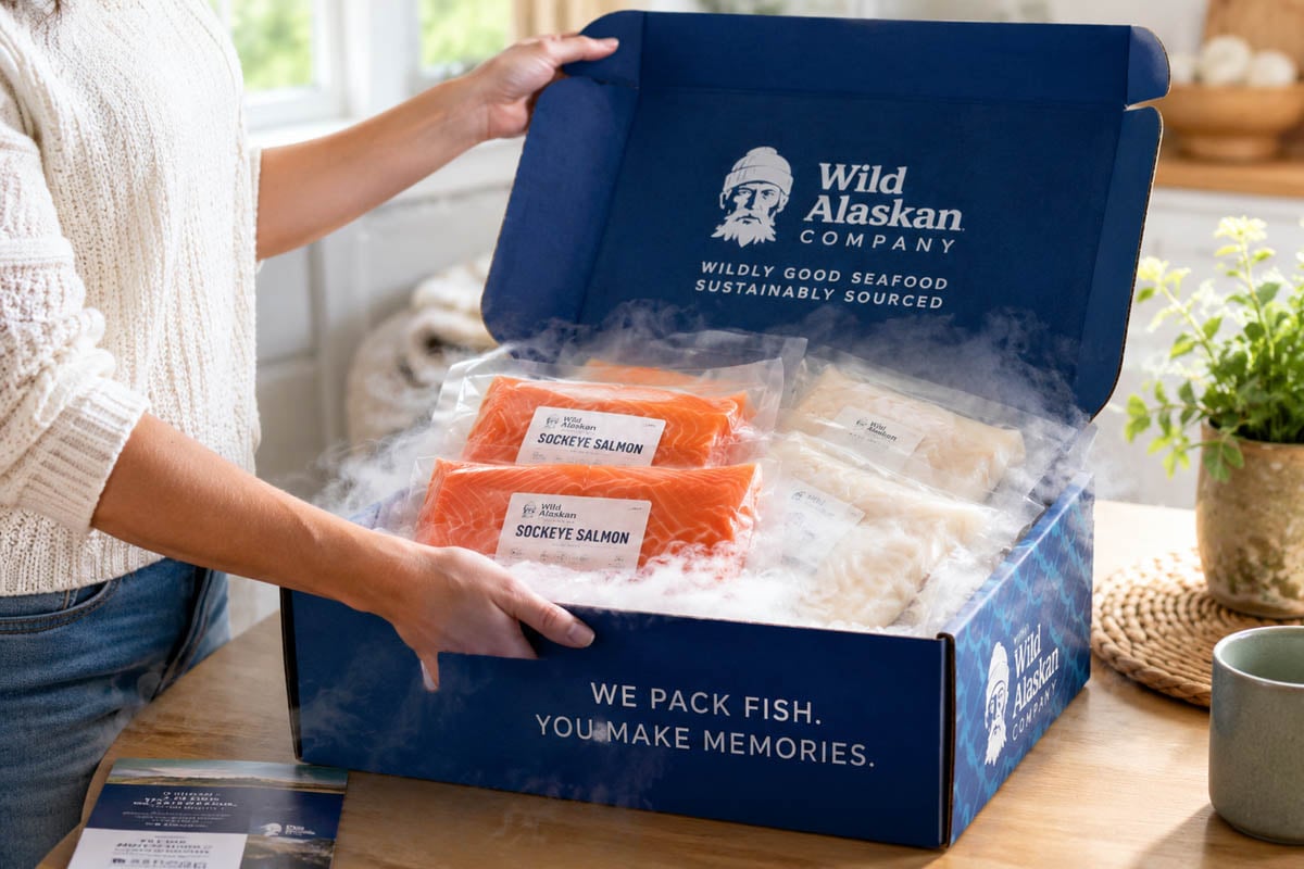 Unboxing Wild Alaskan Company seafood box with vacuum-sealed fillets and dry ice
