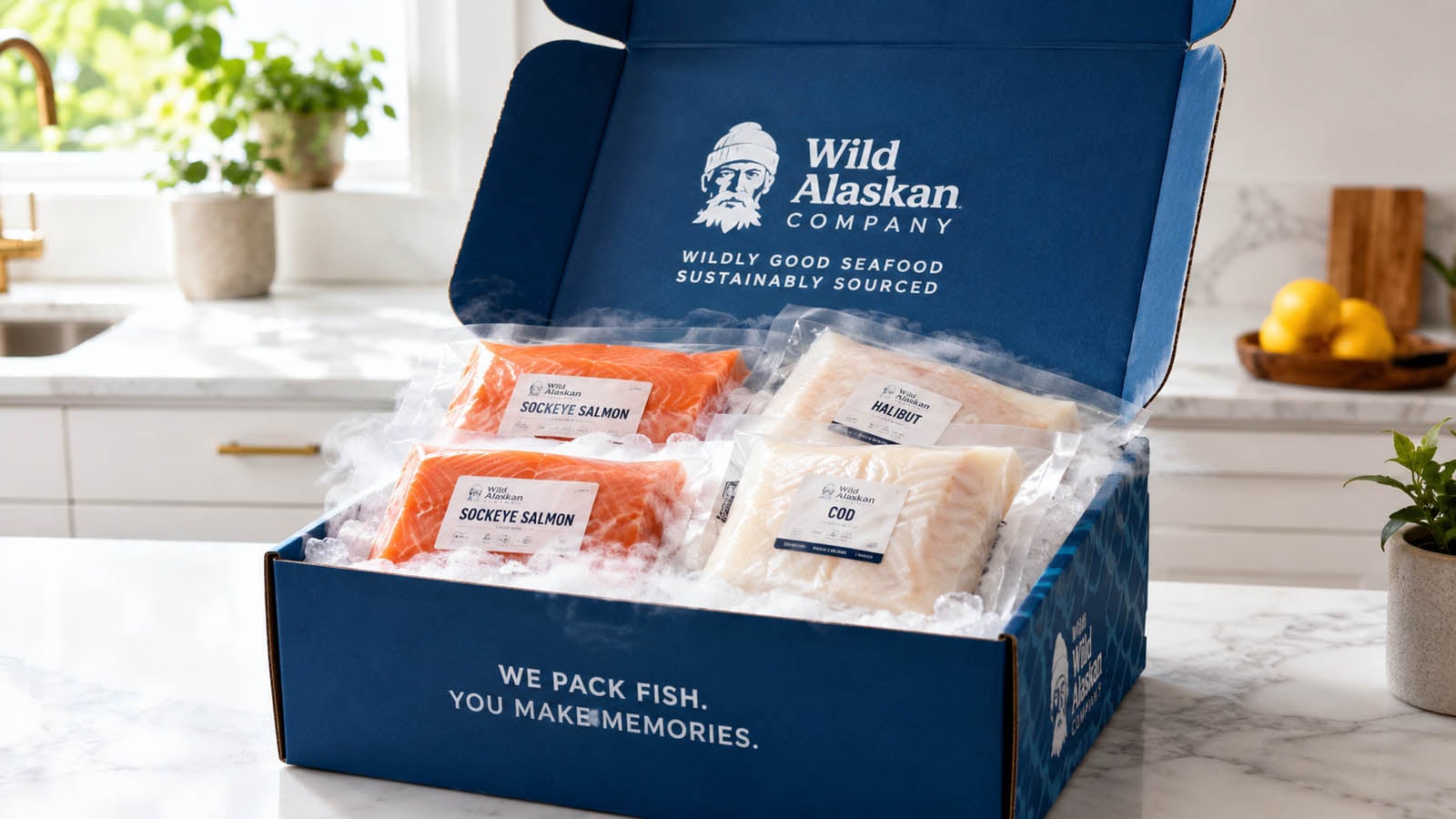 Wild Alaskan Company seafood subscription box opened showing premium wild-caught fish
