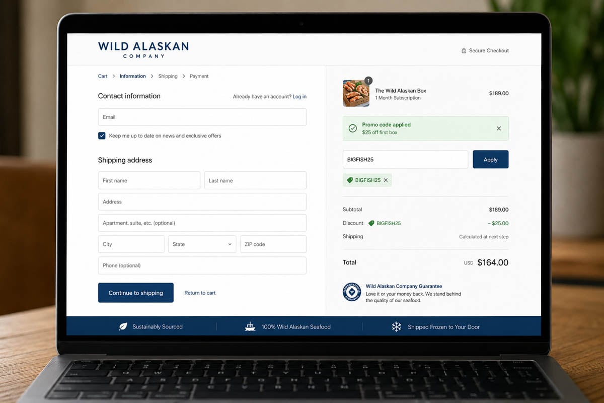 BIGFISH25 promo code applied at Wild Alaskan Company checkout showing $25 savings