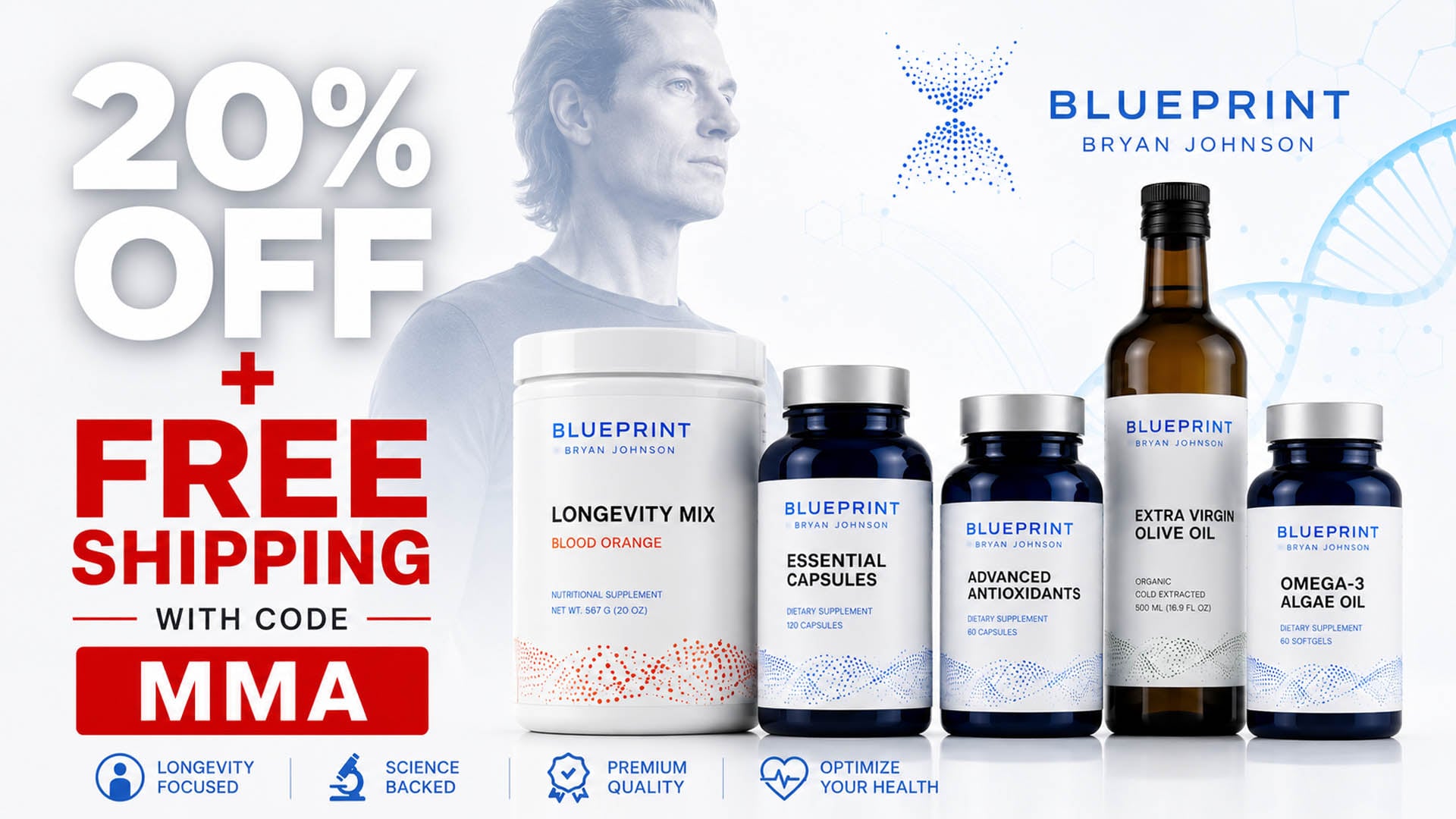 Blueprint Bryan Johnson Discount Code – 20% Off + Free Shipping with code MMA
