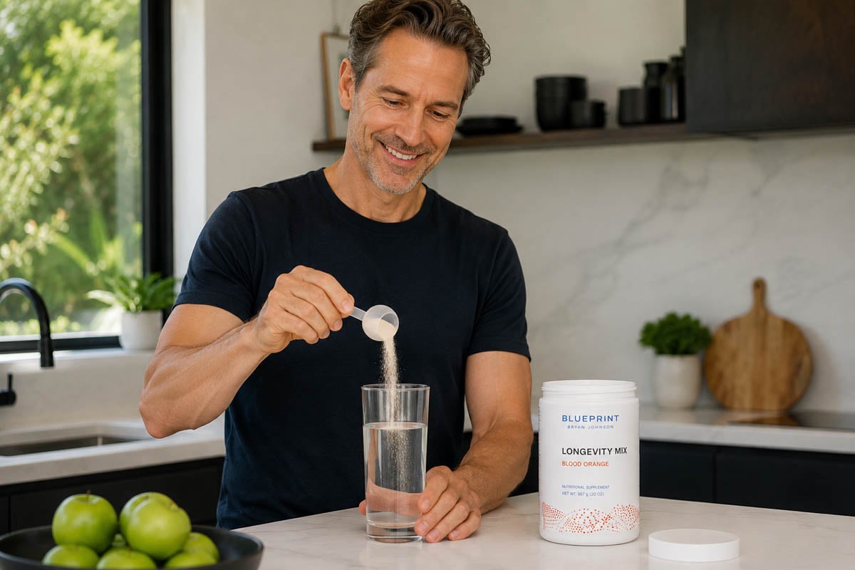 Man using Blueprint Longevity Mix – Blueprint Bryan Johnson discount code lifestyle