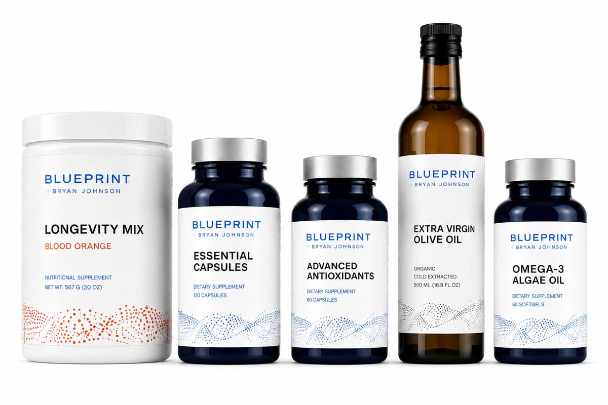Blueprint Bryan Johnson products with discount code MMA including Longevity Mix and Essential Capsules