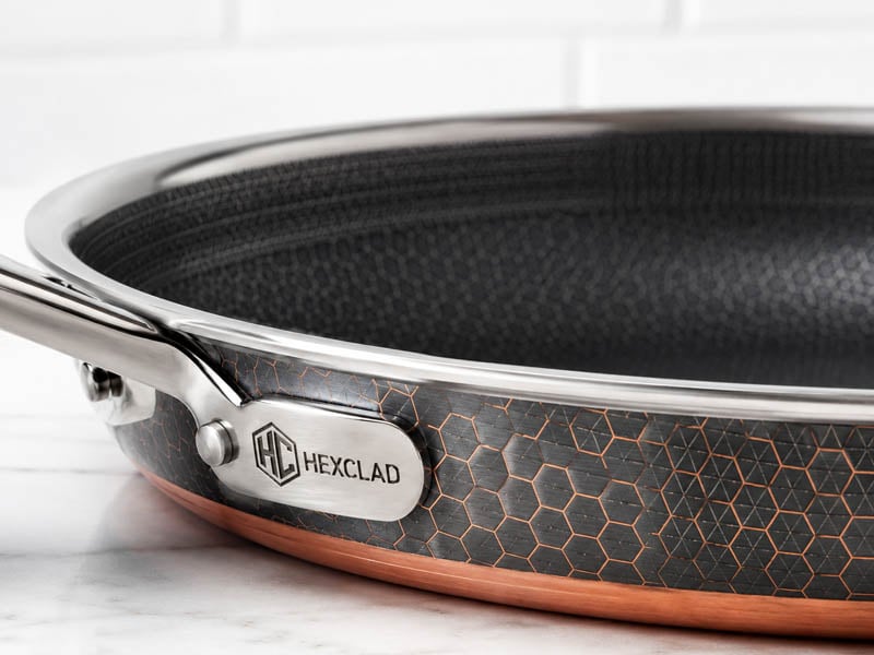 HexClad hybrid stainless steel nonstick cookware close up showing hexagon pattern