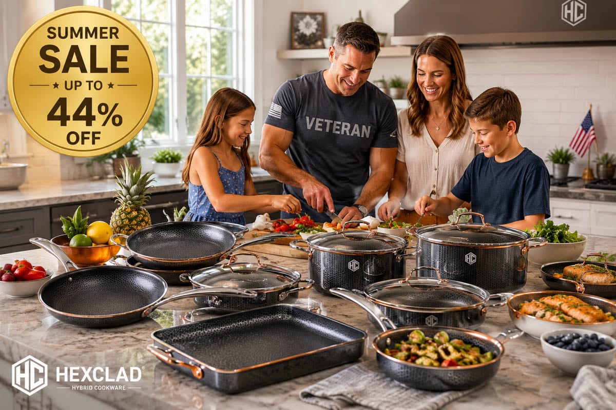 Alt text (copy exactly):HexClad Summer Sale 2026 cookware bundles up to 44% off with free gifts for military heroes