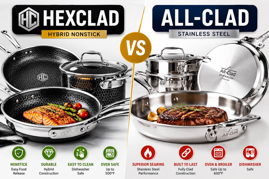HexClad vs All-Clad cookware side by side comparison 2026